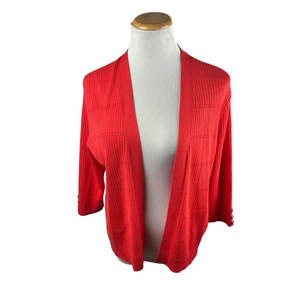 Orange Coral Open Front Knitted Short Cardigan 3/4 Sleeve Gold Hardware XL Rayon